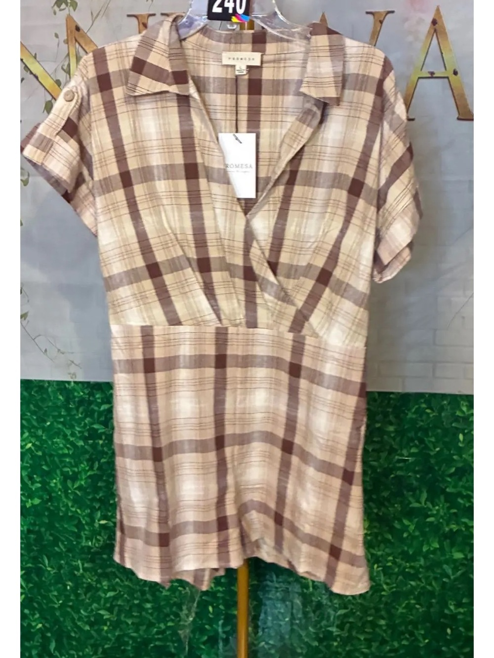 Promesa Plaid Short Sleeve Romper in Cream & Brown